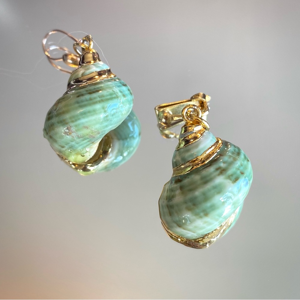 real shells, green patina, accented with golden trim. clip or pierced.